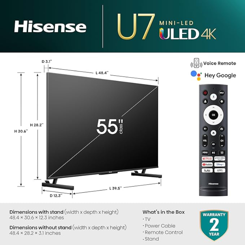 Hisense 55-Inch Class U7 Series Mini-LED ULED 4K UHD Google Smart TV (55U7K)_2